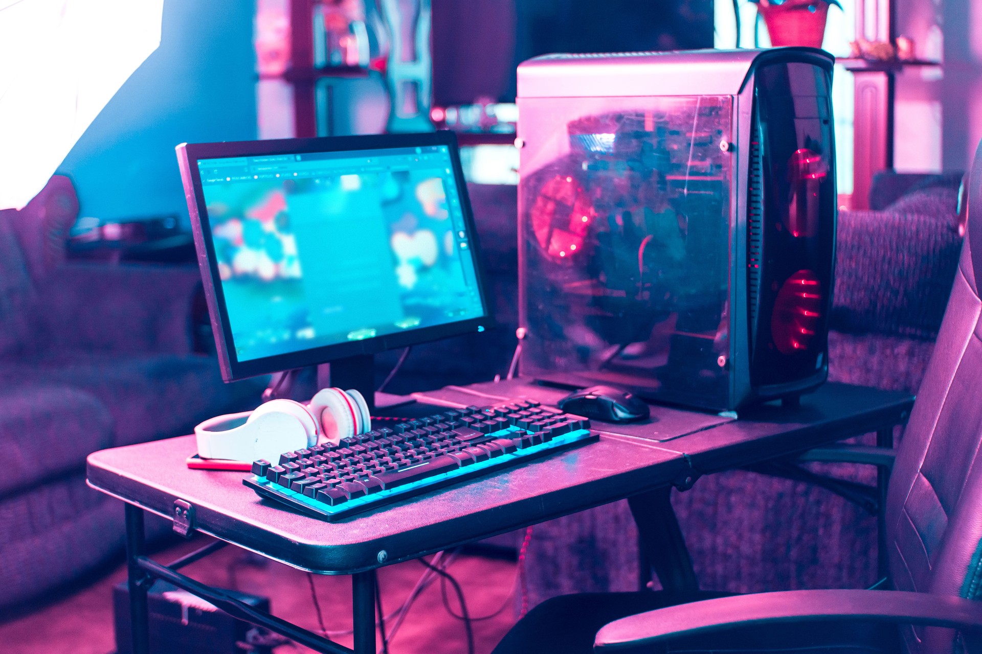 Personal computer with cpu and monitor for professional gamer gamer with keyboards and mouse with neon light.
